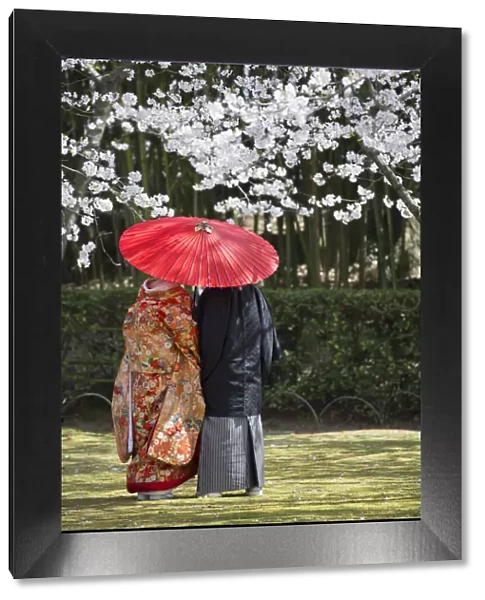 Japanese couple wearing traditional clothing in Koraku-en Garden, Okayama, Okayama