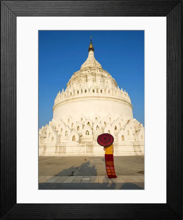 Framed Print : Mingun, Sagaing region, Myanmar (Burma). Woman with red umbrella looks at the Hsinbyume Framed Print : Mingun, Sagaing region, Myanmar (Burma). Woman with red umbrella looks at the Hsinbyume