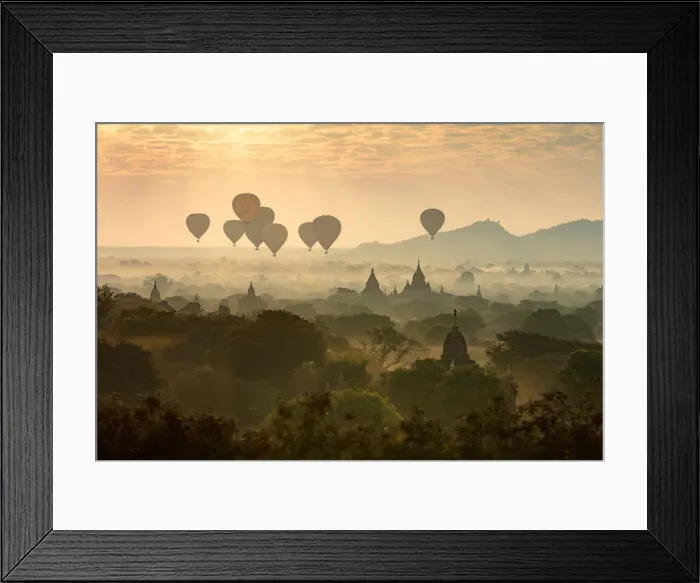 Framed Print : Hot air balloons fly over the temples of Bagan at sunrise on a misty morning, Myanmar Framed Print : Hot air balloons fly over the temples of Bagan at sunrise on a misty morning, Myanmar