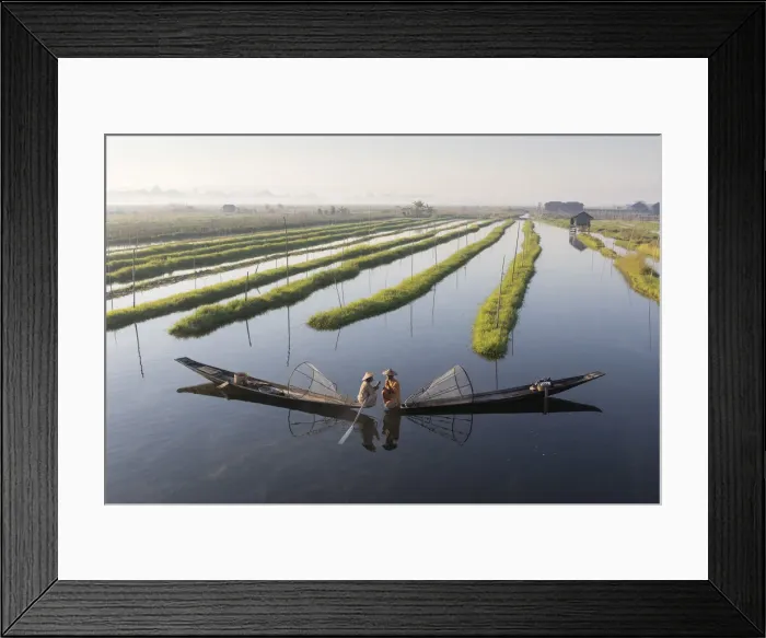 Framed Print : Two Intha fishermen meet in floating gardens on Inle Lake, Shan State, Myanmar Framed Print : Two Intha fishermen meet in floating gardens on Inle Lake, Shan State, Myanmar