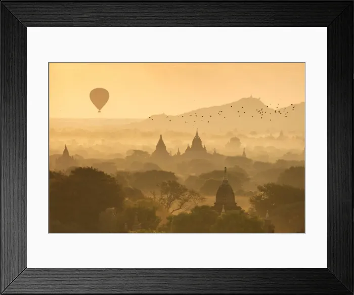 Framed Print : Hot air balloons fly over the temples of Bagan at sunrise on a misty morning, Myanmar Framed Print : Hot air balloons fly over the temples of Bagan at sunrise on a misty morning, Myanmar