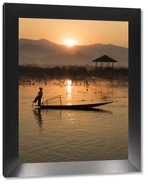 Intha fisherman rows on Inle Lake, Shan State, Burma, Myanmar
