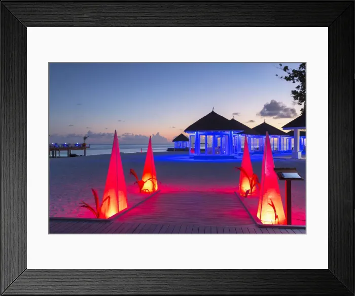 Framed Print : Olhuveli Beach and Spa Resort at sunset, South Male Atoll, Kaafu Atoll, Maldives (PR) Framed Print : Olhuveli Beach and Spa Resort at sunset, South Male Atoll, Kaafu Atoll, Maldives (PR)