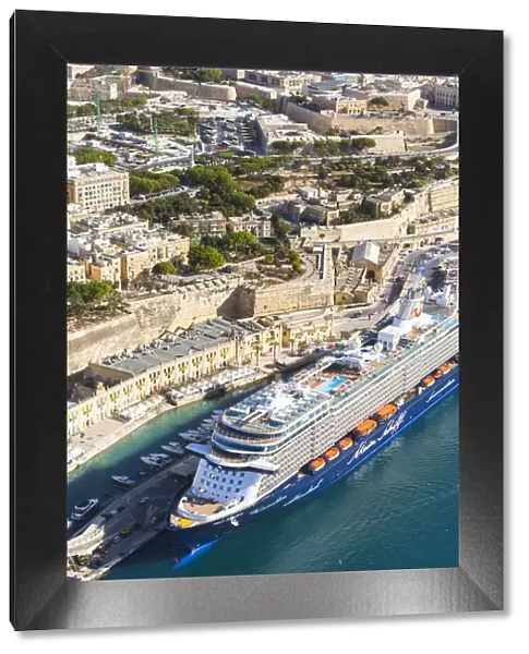 Malta, South Eastern Region, Valletta. An aerial view of a cruise ship at Valletta
