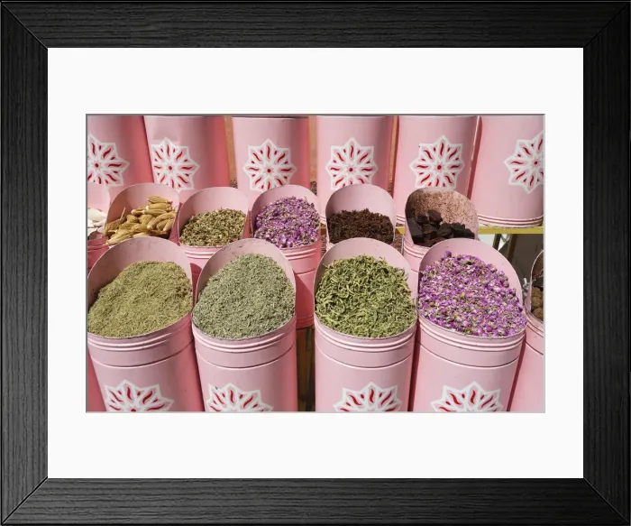 Framed Print : Dried plants for sale in the souk of Marrakech. Morocco