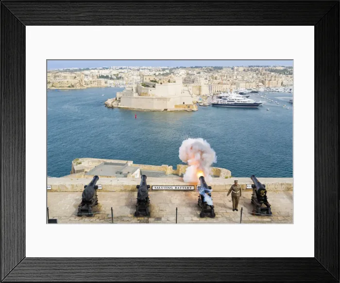 Framed Print : Malta, South Eastern Region, Valletta. The 16: 00hrs firing of the canon at the Saluting Framed Print : Malta, South Eastern Region, Valletta. The 16: 00hrs firing of the canon at the Saluting