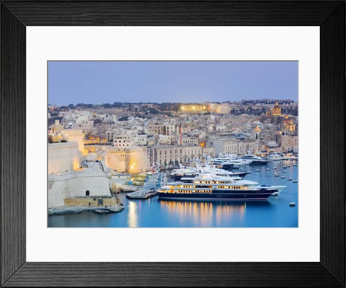 Framed Print : Malta, South Eastern Region, Valletta. Birgu Marina at dusk Framed Print : Malta, South Eastern Region, Valletta. Birgu Marina at dusk