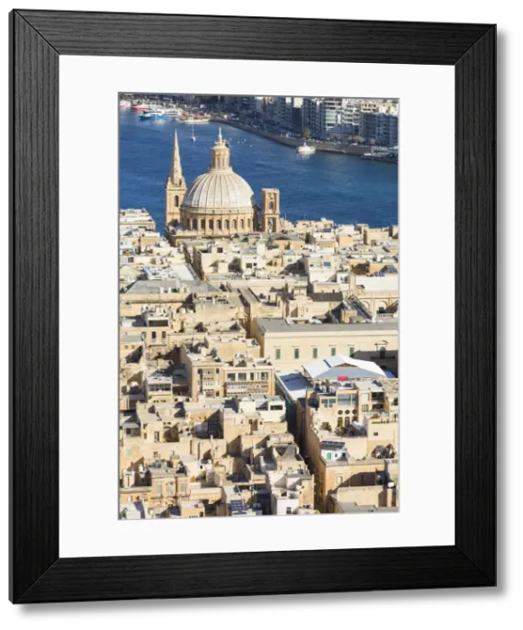 Framed Print : Malta, South Eastern Region, Valletta. Aerial view of the Carmelite Church and St Framed Print : Malta, South Eastern Region, Valletta. Aerial view of the Carmelite Church and St