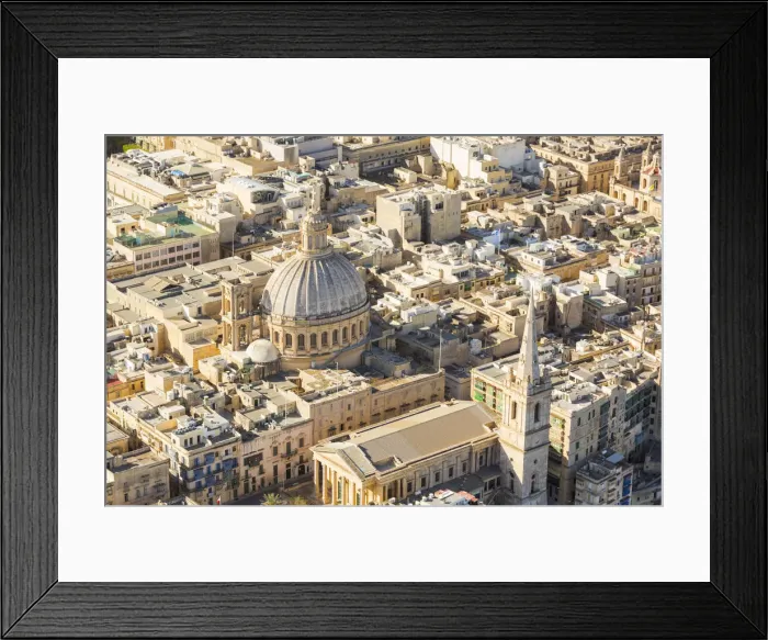 Framed Print : Malta, South Eastern Region, Valletta. Aerial view of the Carmelite Church and St Framed Print : Malta, South Eastern Region, Valletta. Aerial view of the Carmelite Church and St