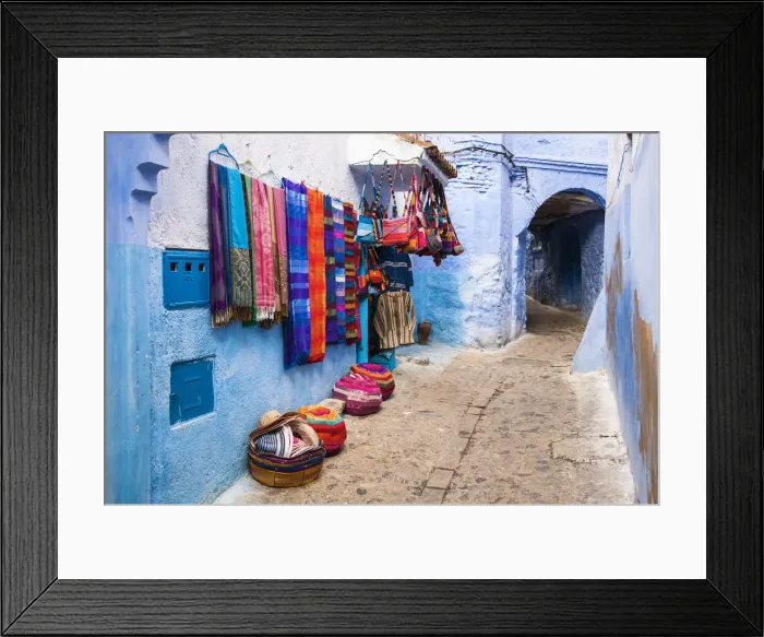 Framed Print : Traditional shops in Chefchaouen, Morocco Framed Print : Traditional shops in Chefchaouen, Morocco