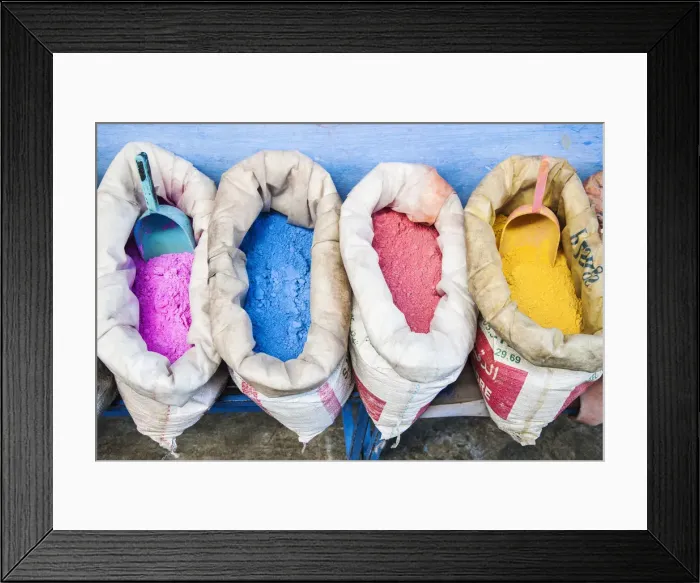 Framed Print : Traditional shades of paint on sale, Chefchaouen, Morocco Framed Print : Traditional shades of paint on sale, Chefchaouen, Morocco