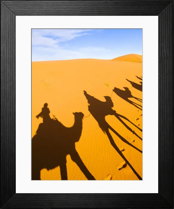 Framed Print : Shadows of riders and camels in Sahara desert, Erg Chebbi, Morocco