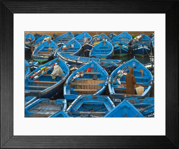 Framed Print : Port, Essaouira, Morocco. Typical blue portoguese boats moored at the port Framed Print : Port, Essaouira, Morocco. Typical blue portoguese boats moored at the port