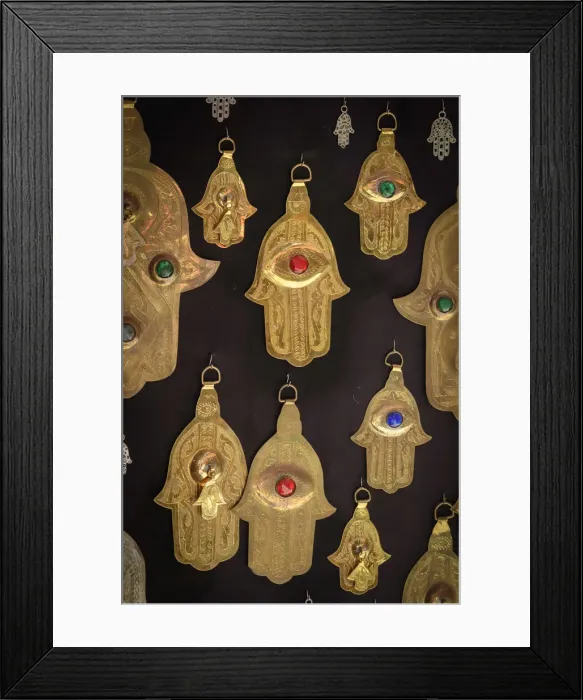 Framed Print : Africa, Morocco, Marrakesh, medina market, Fatima door charm on sale in souk Framed Print : Africa, Morocco, Marrakesh, medina market, Fatima door charm on sale in souk