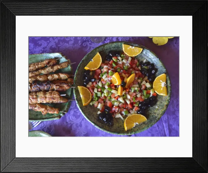 Framed Print : Moroccan salad and brochettes. Erg Chigaga sand dunes, Sahara desert. Morocco Framed Print : Moroccan salad and brochettes. Erg Chigaga sand dunes, Sahara desert. Morocco