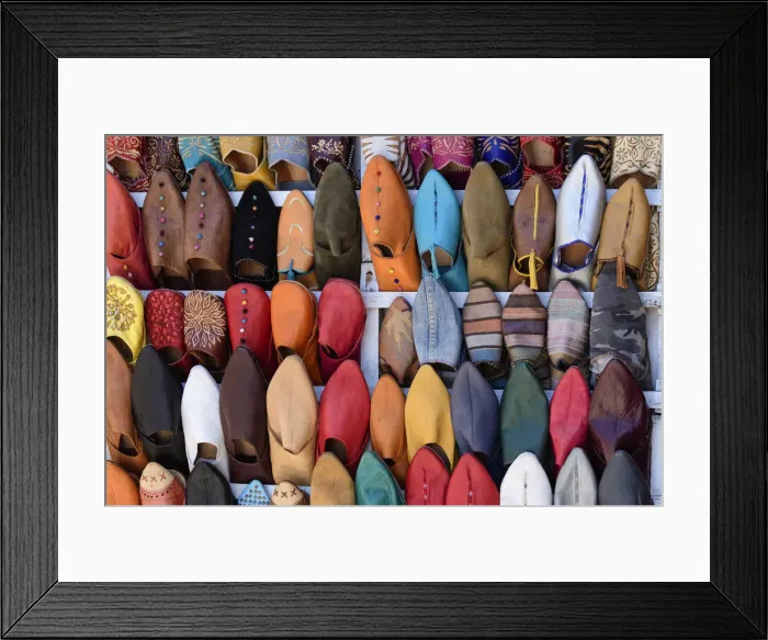 Framed Print : Africa, Maghreb, Morocco, Marrakesh Souk selling Babooshes