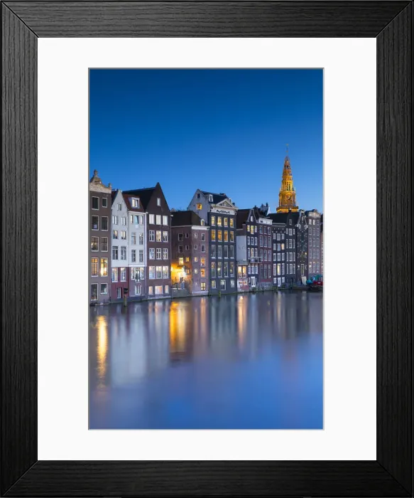 Framed Print : Houses along Damrak at dusk, Amsterdam, Netherlands Framed Print : Houses along Damrak at dusk, Amsterdam, Netherlands