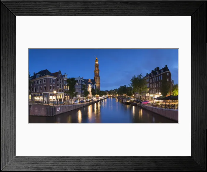 Framed Print : Prinsengracht canal and Westerkerk at dusk, Amsterdam, Netherlands Framed Print : Prinsengracht canal and Westerkerk at dusk, Amsterdam, Netherlands