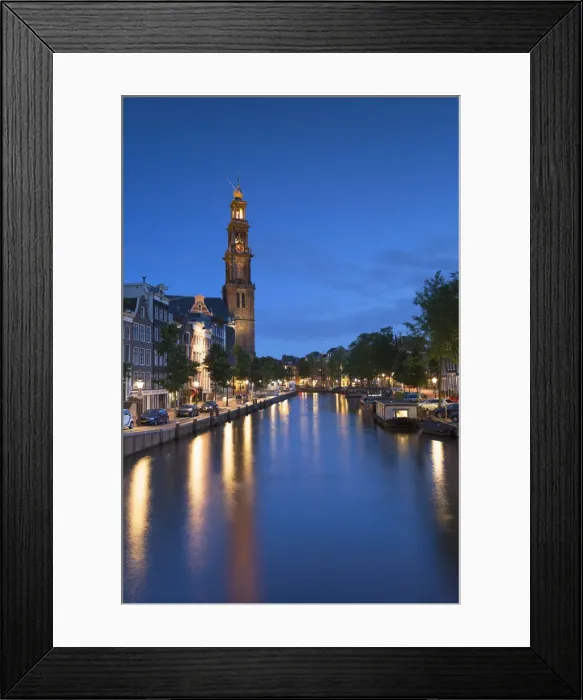 Framed Print : Prinsengracht canal and Westerkerk at dusk, Amsterdam, Netherlands Framed Print : Prinsengracht canal and Westerkerk at dusk, Amsterdam, Netherlands