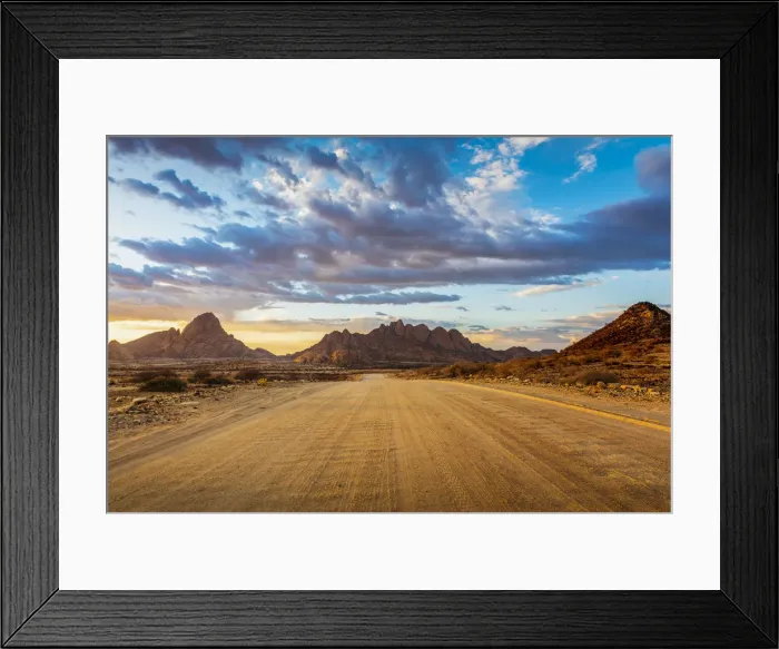 Framed Print : Spitzkoppe, Damaraland, Namibia, Africa. Gravel road to the granite peaks at sunset Framed Print : Spitzkoppe, Damaraland, Namibia, Africa. Gravel road to the granite peaks at sunset