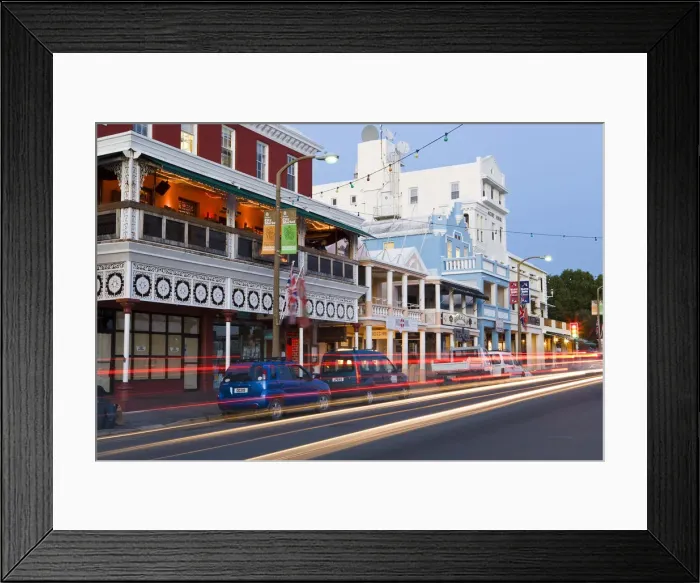 Framed Print : Bermuda, Hamilton, Front Street, Colourful buildings along Hamiltons main street Framed Print : Bermuda, Hamilton, Front Street, Colourful buildings along Hamiltons main street