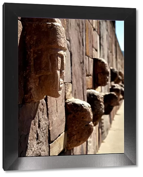 Bolivia, Tiahuanaco Ruins, Semi-Subterranean Temple Wall, Sculptured Stone Tenon-Heads