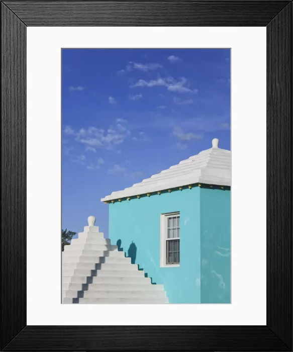 Framed Print : Bermuda, traditional white stone roofs on colourful Bermuda houses Framed Print : Bermuda, traditional white stone roofs on colourful Bermuda houses