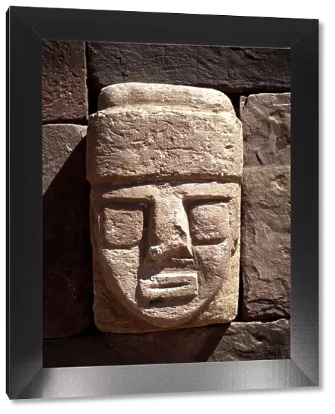 Bolivia, Tiahuanaco Ruins, Semi-Subterranean Temple Wall, Sculptured Stone Tenon-Head