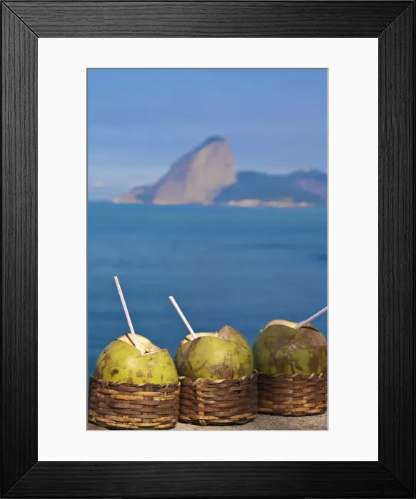 Framed Print : Brazil, Rio De Janeiro, Niteroi, Coconut drinks with Sugar Loaf in the background Framed Print : Brazil, Rio De Janeiro, Niteroi, Coconut drinks with Sugar Loaf in the background