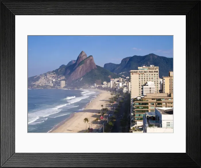 Framed Print : Brazil, Rio De Janeiro, View of Ipenema beach looking towards Leblon and Two Brothers