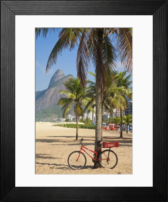 Framed Print : Brazil, Rio De Janeiro, Leblon beach, Bike leaning on palm tree Framed Print : Brazil, Rio De Janeiro, Leblon beach, Bike leaning on palm tree