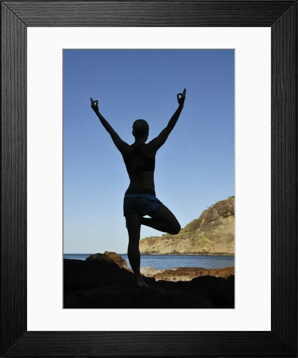 Framed Print : Woman in yoga pose at the Aqua Wellness Resort, Nicaragua, Central America
