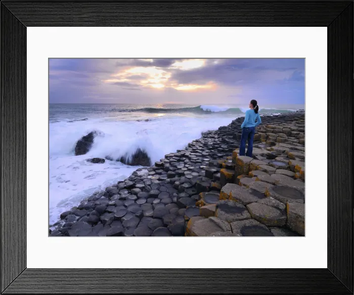 Framed Print : Northern Ireland, County antrim, Giants causeway, woman looking at sea Framed Print : Northern Ireland, County antrim, Giants causeway, woman looking at sea