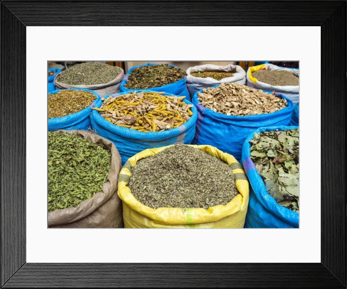 Framed Print : Morocco, Marrakech-Safi (Marrakesh-Tensift-El Haouz) region, Marrakesh. Dried herbs