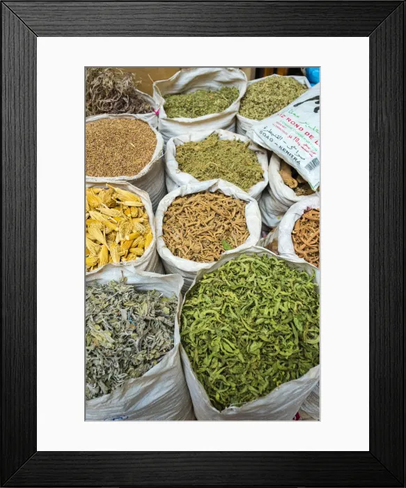Framed Print : Morocco, Marrakech-Safi (Marrakesh-Tensift-El Haouz) region, Marrakesh. Dried herbs