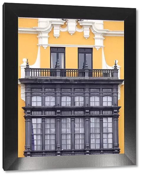 South America, Peru, Lima, wooden balcony window on Lima Municipal Palace (Palacio