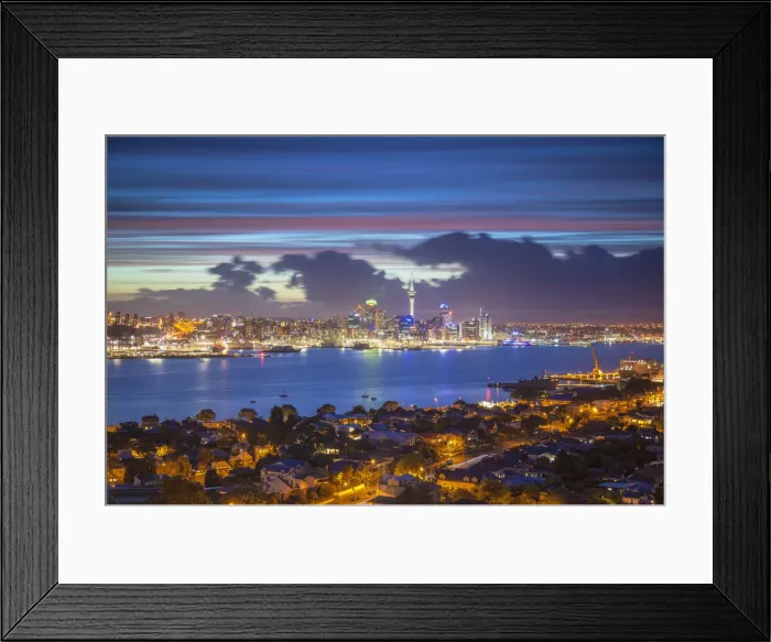 Framed Print : View of Auckland and Devonport at dusk, Auckland, North Island, New Zealand Framed Print : View of Auckland and Devonport at dusk, Auckland, North Island, New Zealand