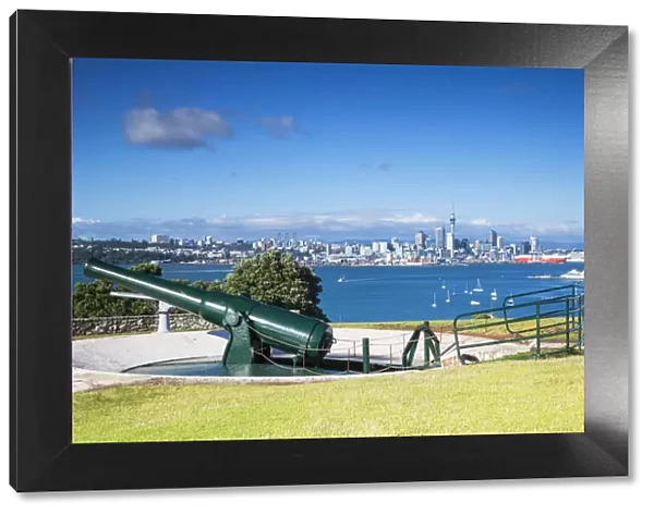 Disappearing gun and Auckland skyline, North Head Historic Reserve, Devonport, Auckland