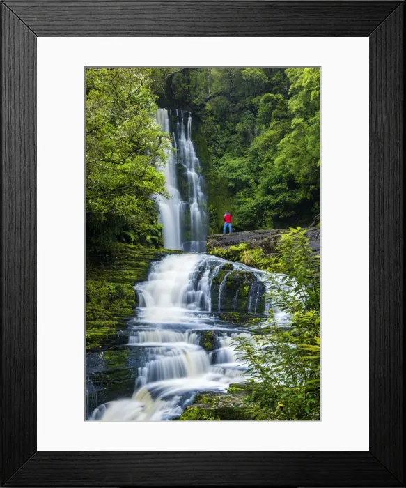 Framed Print : Hiker at McLean Falls, The Catlins, New Zealand Framed Print : Hiker at McLean Falls, The Catlins, New Zealand