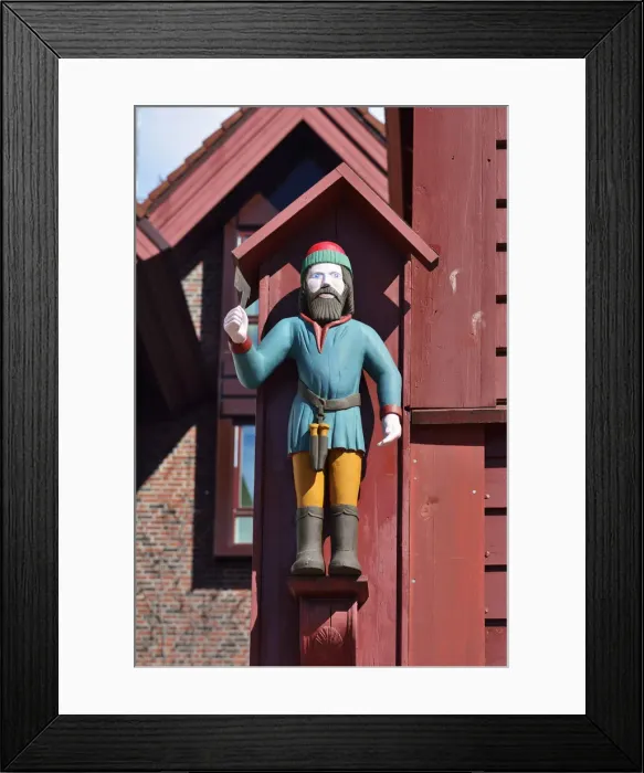 Framed Print : Wooden statue of St Jack on a wooden house facade. Warehouse in the Bryggen District Framed Print : Wooden statue of St Jack on a wooden house facade. Warehouse in the Bryggen District