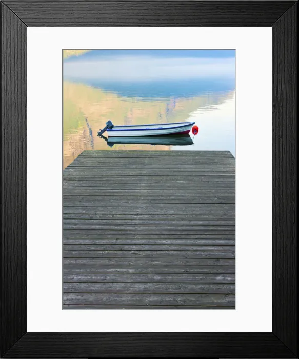 Framed Print : Norway, Western Fjords, Aurland Fjord, Boat at end of jetty Framed Print : Norway, Western Fjords, Aurland Fjord, Boat at end of jetty