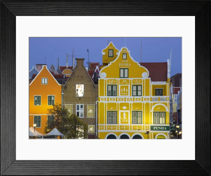 Framed Print : Curacao, Willemstad, Colonial merchant houses lining Handelskade along Punda s Framed Print : Curacao, Willemstad, Colonial merchant houses lining Handelskade along Punda s
