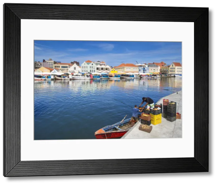 Framed Print : Curacao, Willemstad, Punda, Venezuelan men loading produce for the floating market Framed Print : Curacao, Willemstad, Punda, Venezuelan men loading produce for the floating market