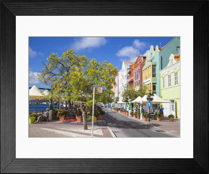 Framed Print : Curacao, Willemstad, Punda, Handelskade, Cafes on the waterfront Framed Print : Curacao, Willemstad, Punda, Handelskade, Cafes on the waterfront