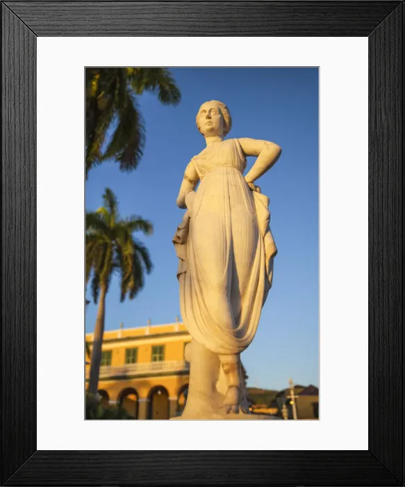 Framed Print : Cuba, Trinidad, Statue of the Greek muse Terpsicore at Plaza Mayor with Brunet Palace Framed Print : Cuba, Trinidad, Statue of the Greek muse Terpsicore at Plaza Mayor with Brunet Palace