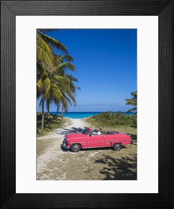 Framed Print : Cuba, Varadero, Pink Plymouth car on Varadero beach