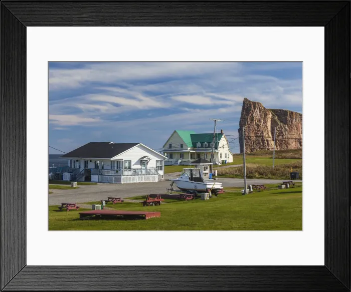 Framed Print : Canada, Quebec, Gaspe Peninsula, Perce, village buildings and Perce Rock, autumn Framed Print : Canada, Quebec, Gaspe Peninsula, Perce, village buildings and Perce Rock, autumn