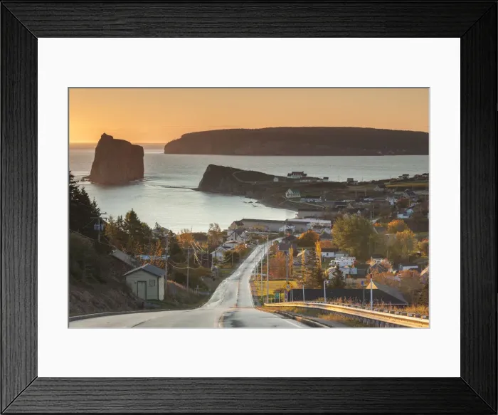 Framed Print : Canada, Quebec, Gaspe Peninsula, Perce, elevated view of town and Perce Rock from Rt 132 Framed Print : Canada, Quebec, Gaspe Peninsula, Perce, elevated view of town and Perce Rock from Rt 132