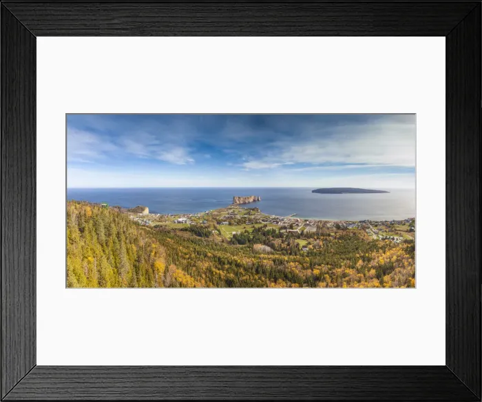 Framed Print : Canada, Quebec, Gaspe Peninsula, Perce, elevated view of town and Perce Rock Framed Print : Canada, Quebec, Gaspe Peninsula, Perce, elevated view of town and Perce Rock
