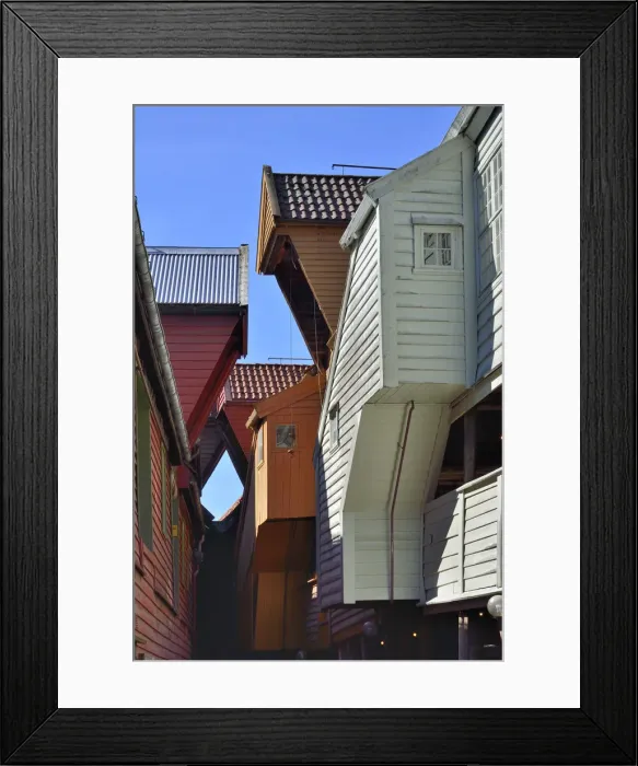 Framed Print : Fishing and trading wooden warehouses in the Bryggen District, a former counter of Framed Print : Fishing and trading wooden warehouses in the Bryggen District, a former counter of
